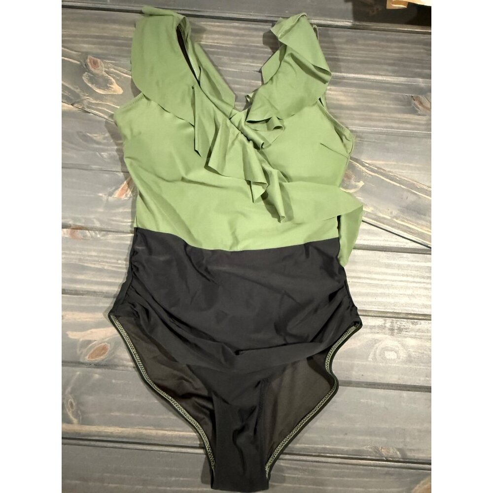 Green & Black One-Piece Ruffled Swimsuit By Blooming Jelly Size L Nylon/Spandex